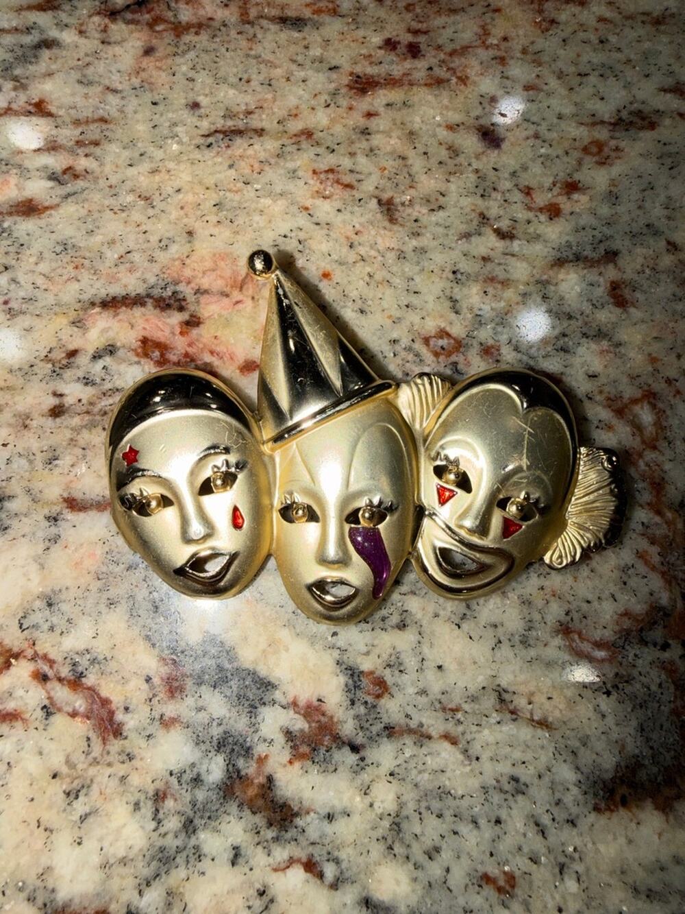 Vintage Gold Tone Three Mask Clown Pierrot Brooch Pin